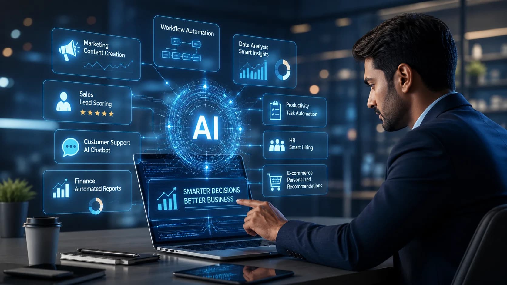 Professional business executive interacting with futuristic AI data visualization on a laptop representing smart business decisions