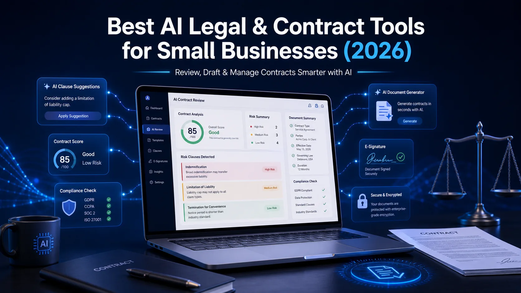 An advanced AI legal dashboard on a laptop showing contract analysis, risk scores, clause suggestions, and compliance checks for small businesses