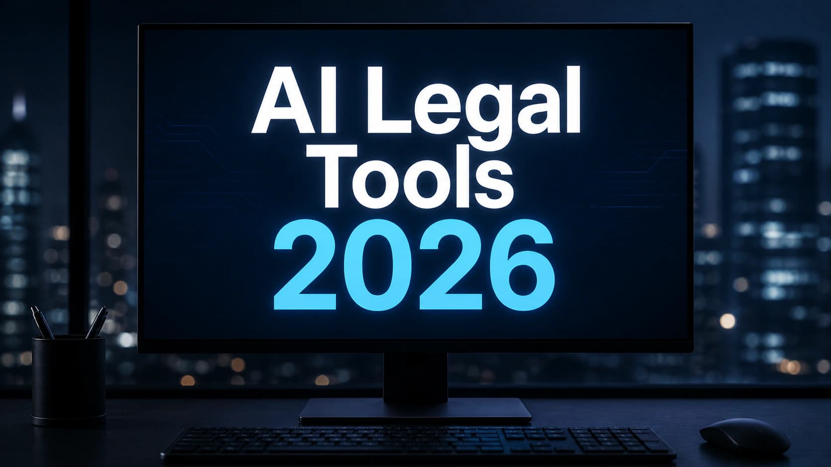 A sleek computer monitor displaying 'AI Legal Tools 2026' with a professional office background at night.