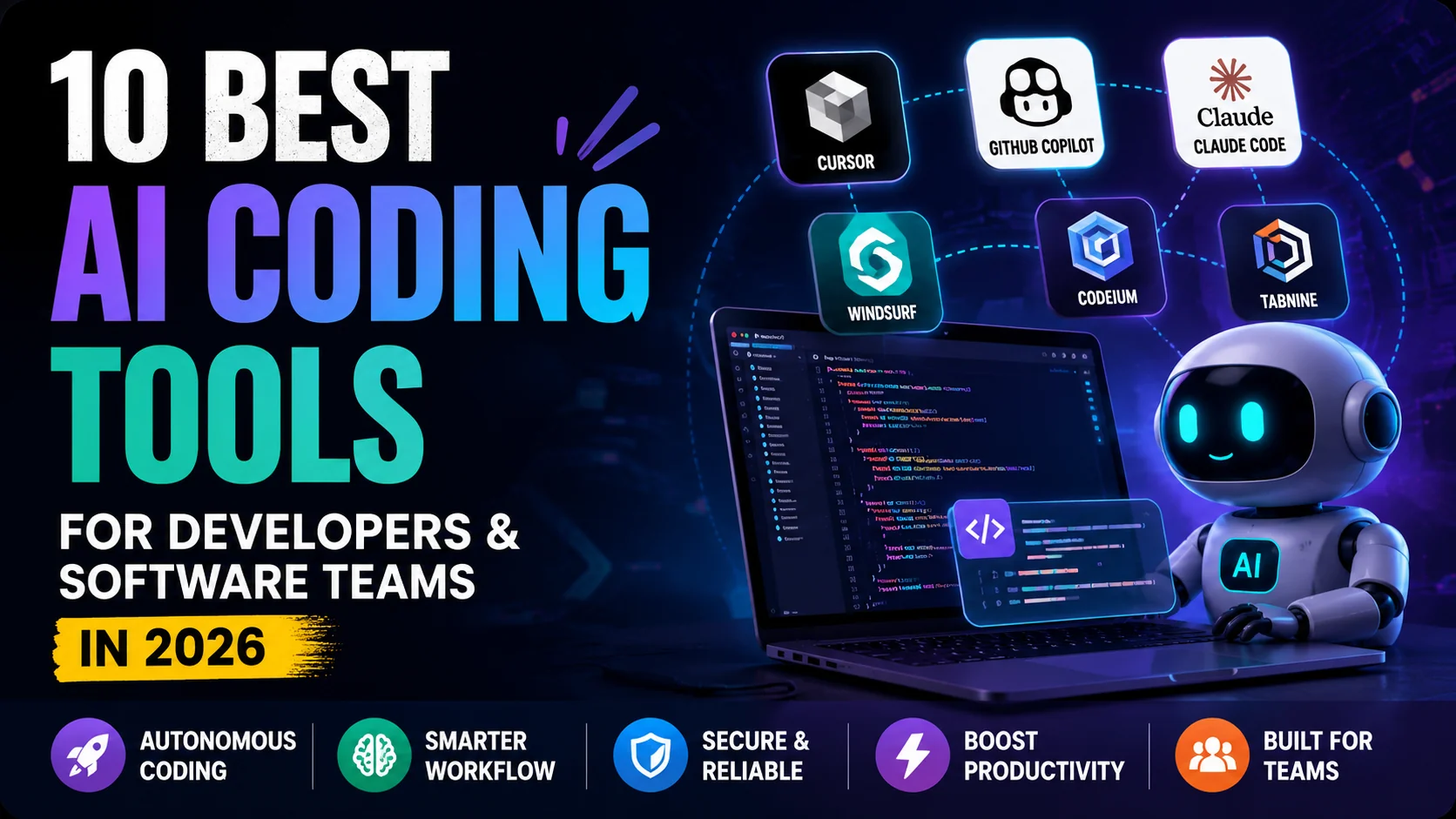 Professional banner highlighting the best AI coding tools in 2026, featuring Cursor, GitHub Copilot, Claude Code, Windsurf, Codeium, and AI-assisted software development visuals.