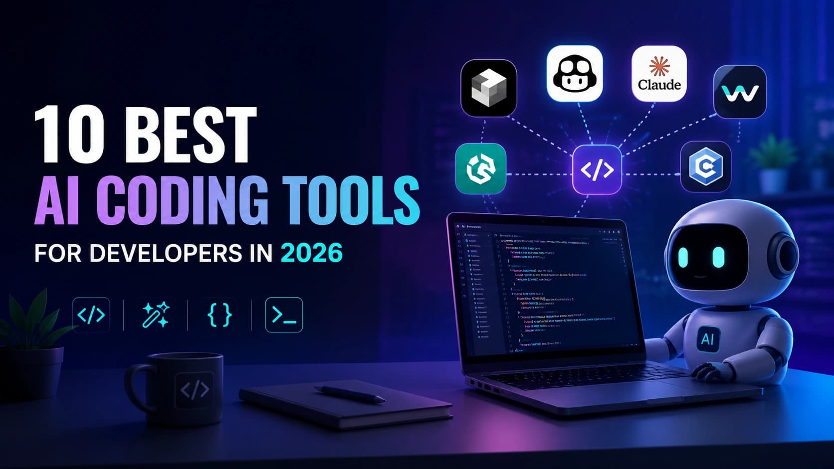 Futuristic AI coding tools thumbnail featuring a developer workspace, AI assistant, code editor, and leading AI coding platforms for developers and software teams in 2026.