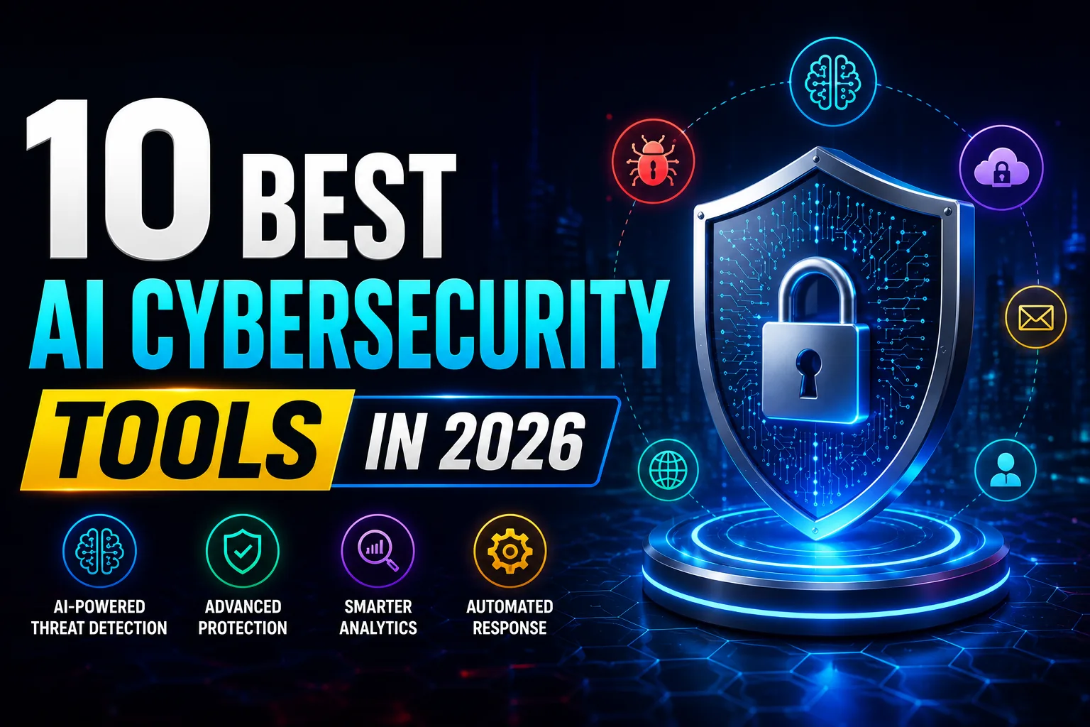 10 Best AI Cybersecurity Tools in 2026 featuring AI-powered threat detection, cybersecurity automation, cloud security, and enterprise protection platforms.