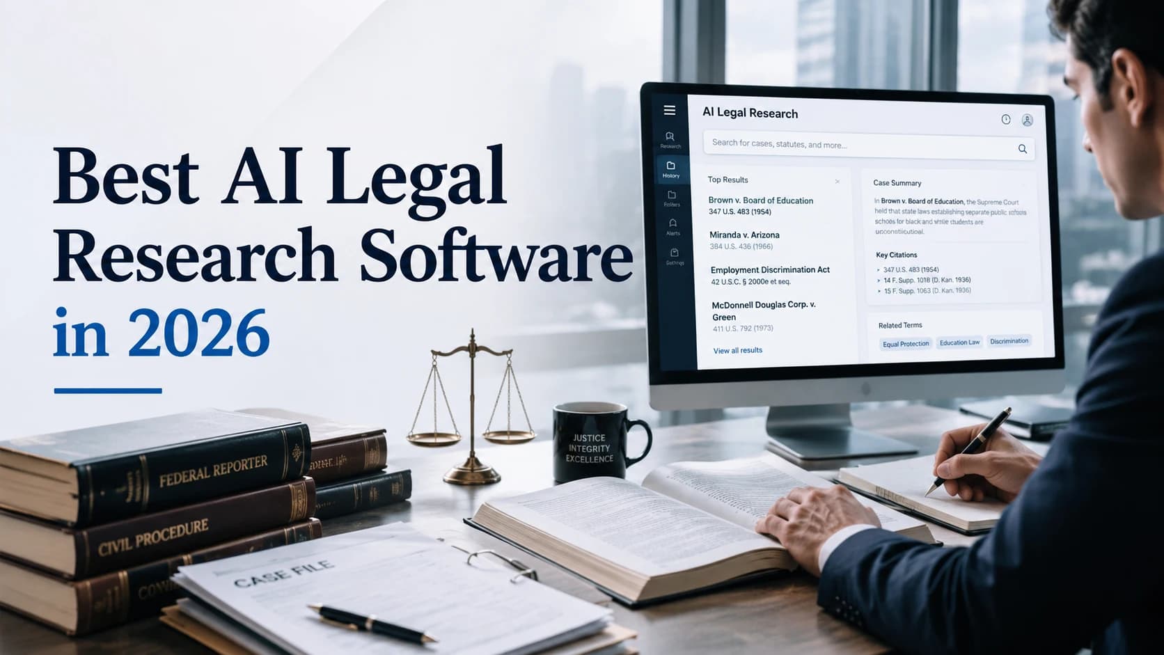 Best AI legal research software for lawyers and law firms in 2026 featuring legal research workflow, law books, case files, and modern legal technology.