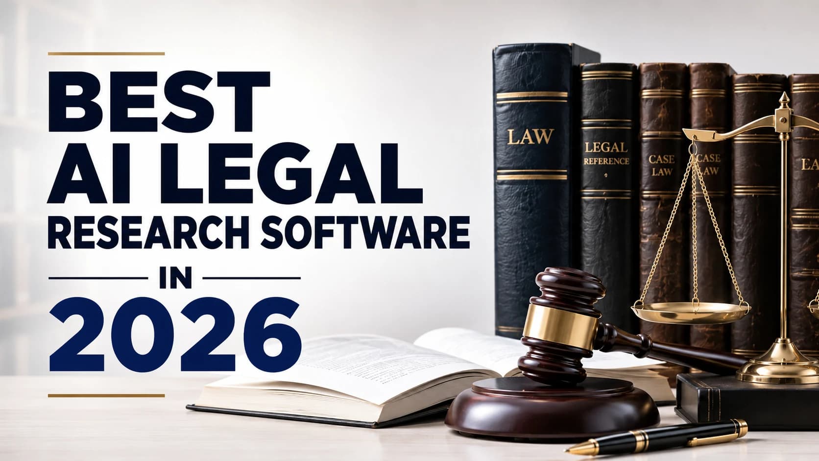 Best AI legal research software in 2026 with law books, judge's gavel, scales of justice, and legal technology theme.