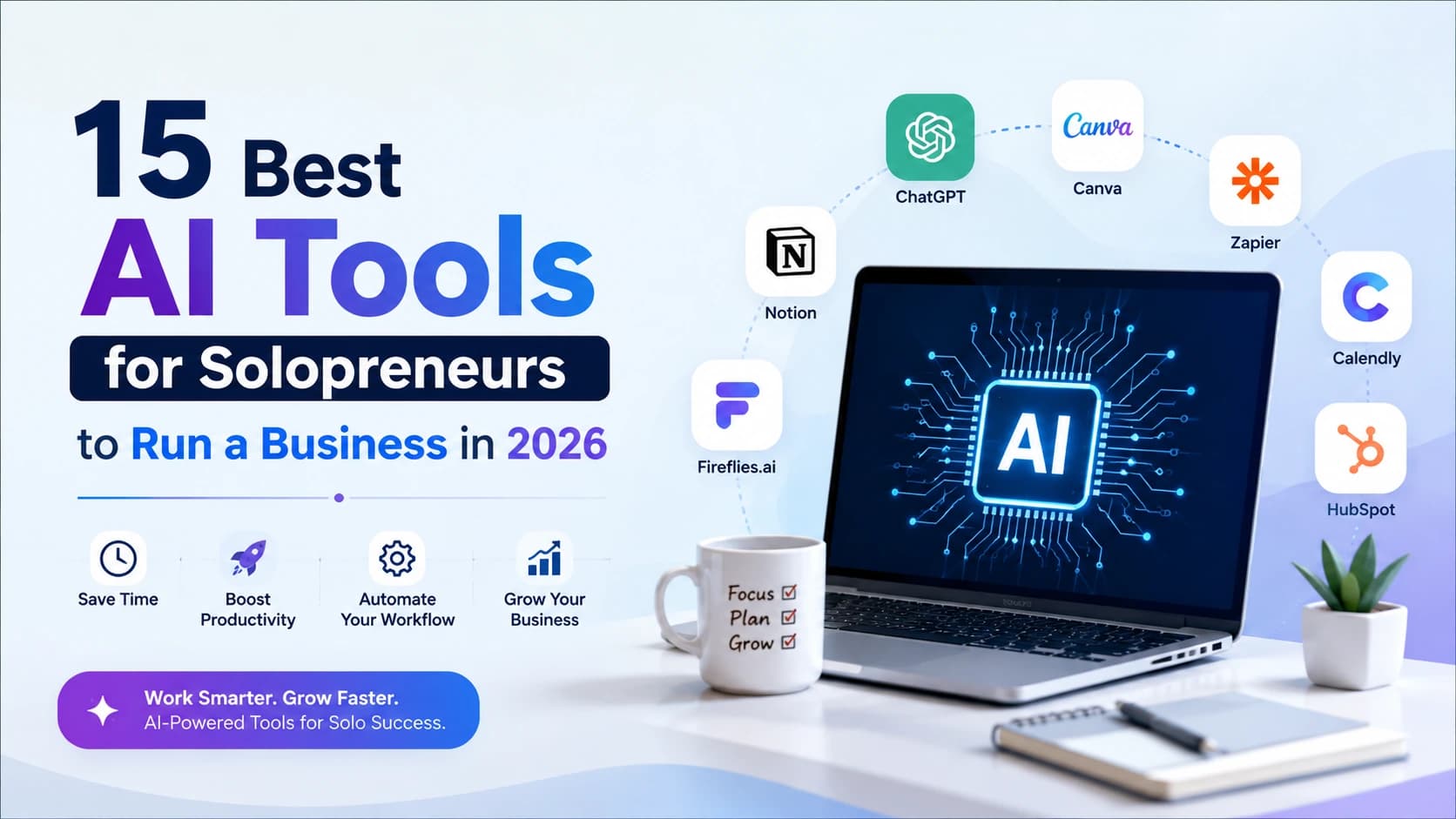Best AI tools for solopreneurs in 2026 featuring AI-powered business software for writing, automation, design, productivity, and business growth.