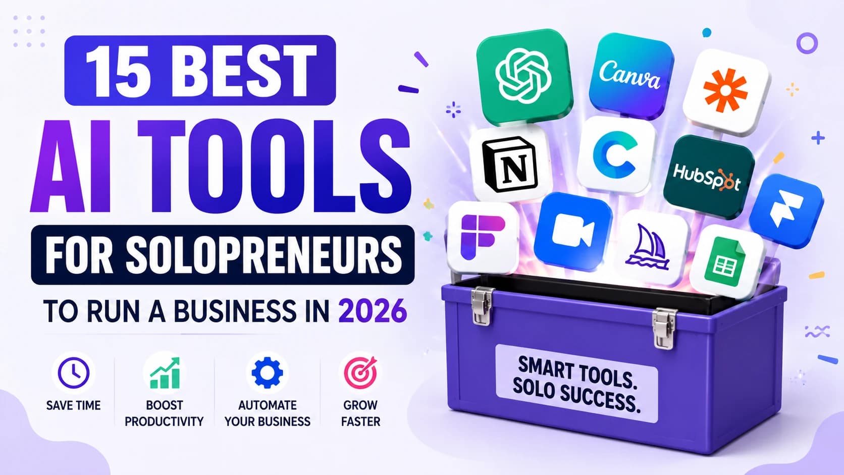 Thumbnail featuring the 15 best AI tools for solopreneurs in 2026 with popular AI software icons for productivity, automation, marketing, design, and business growth.