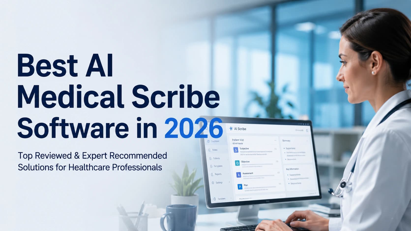 Best AI Medical Scribe Software in 2026 featuring modern healthcare AI documentation technology, ambient clinical documentation workflow, and digital medical scribe software dashboard.