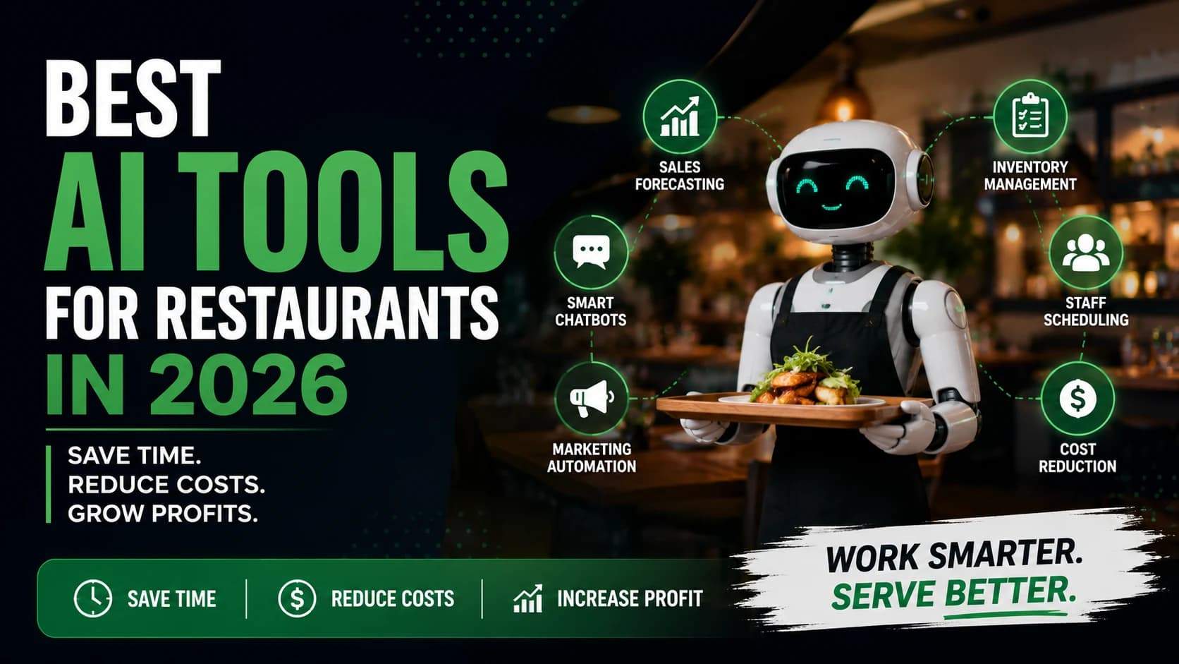 AI-powered robot waiter in a restaurant illustrating automation, forecasting, inventory management, staffing optimization, and cost reduction in 2026.