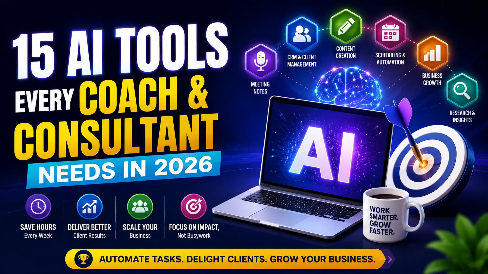 Top AI software for coaches and consultants in 2026 including meeting assistants, CRM platforms, content creation tools, scheduling automation, and research software.