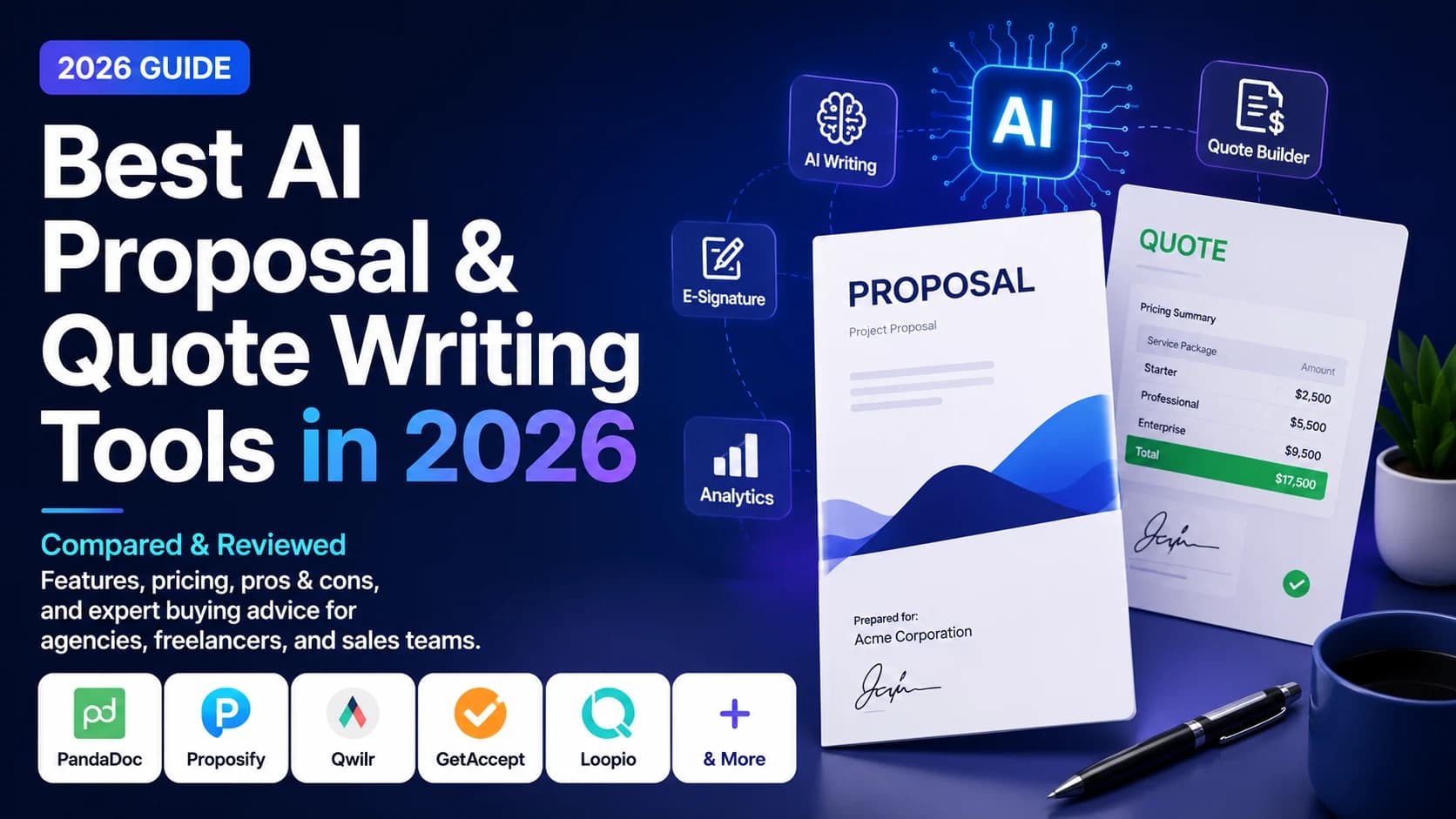 Best AI Proposal and Quote Writing Tools in 2026 featuring proposal documents, quote builder software, AI writing assistants, and sales proposal automation tools.