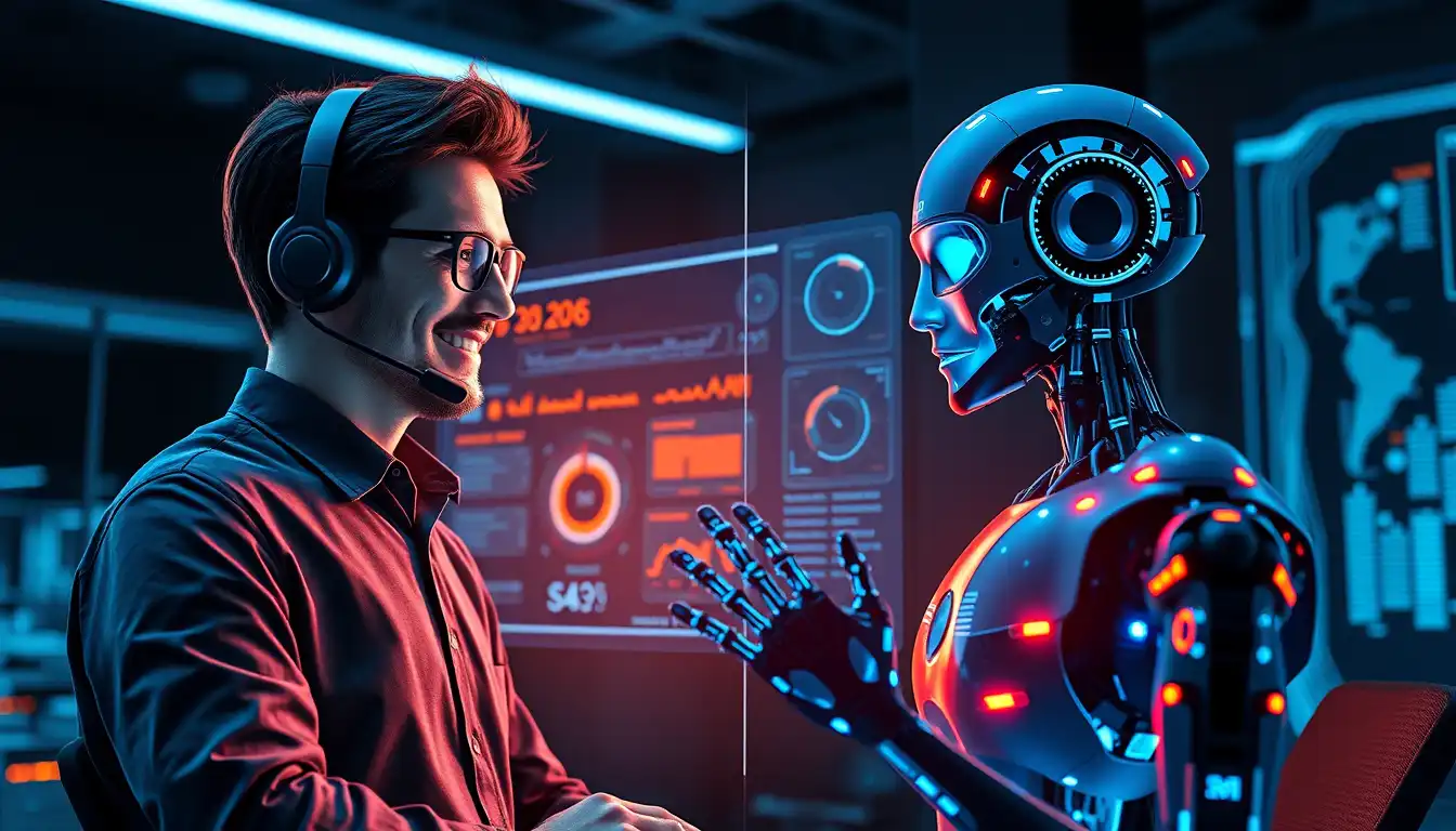 A professional comparison of human support agents and AI robots collaborating in a high-tech 2026 office environment with glowing data dashboards.
