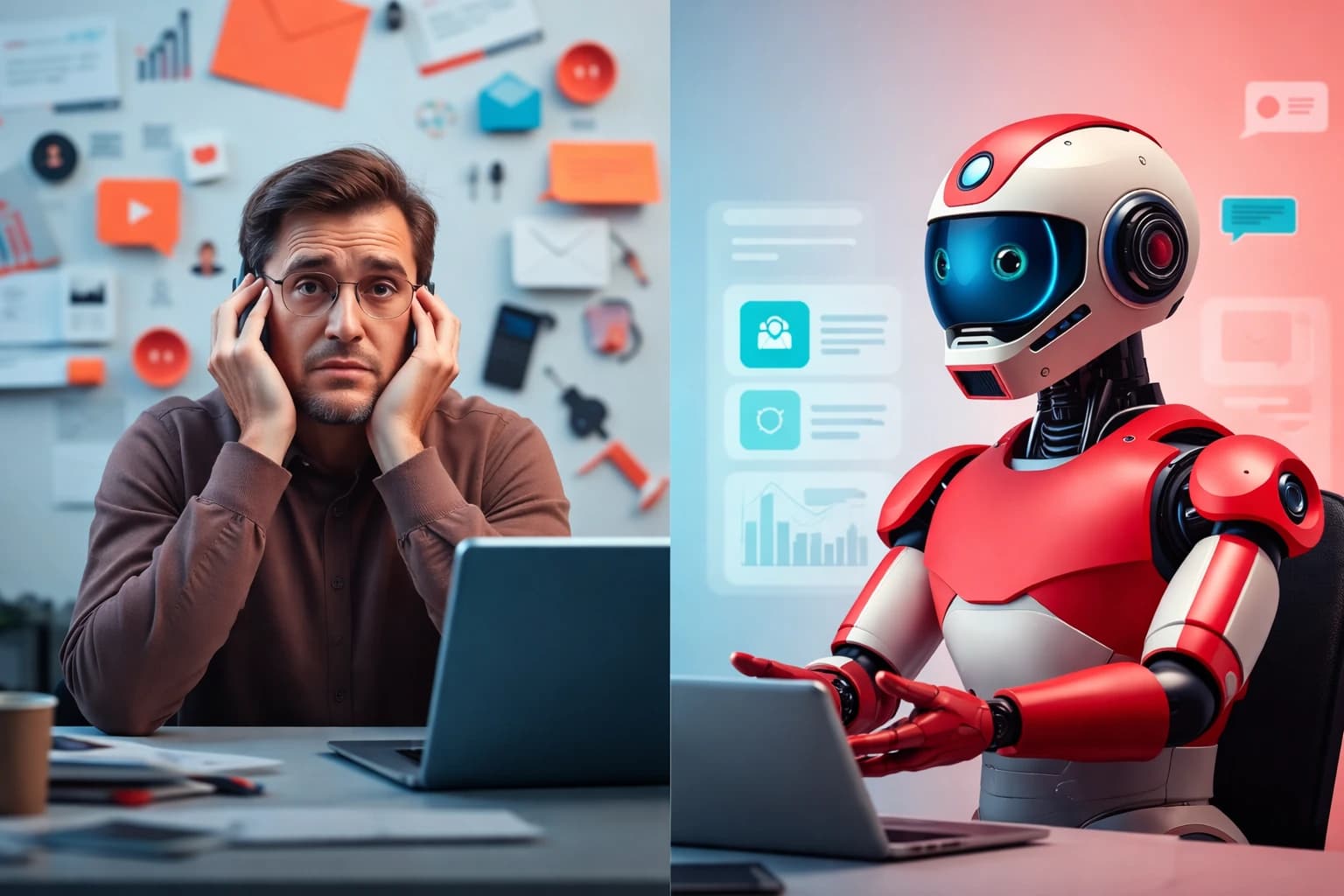 A split-screen comparison showing a stressed human support agent versus a high-efficiency AI support robot to illustrate automation ROI.