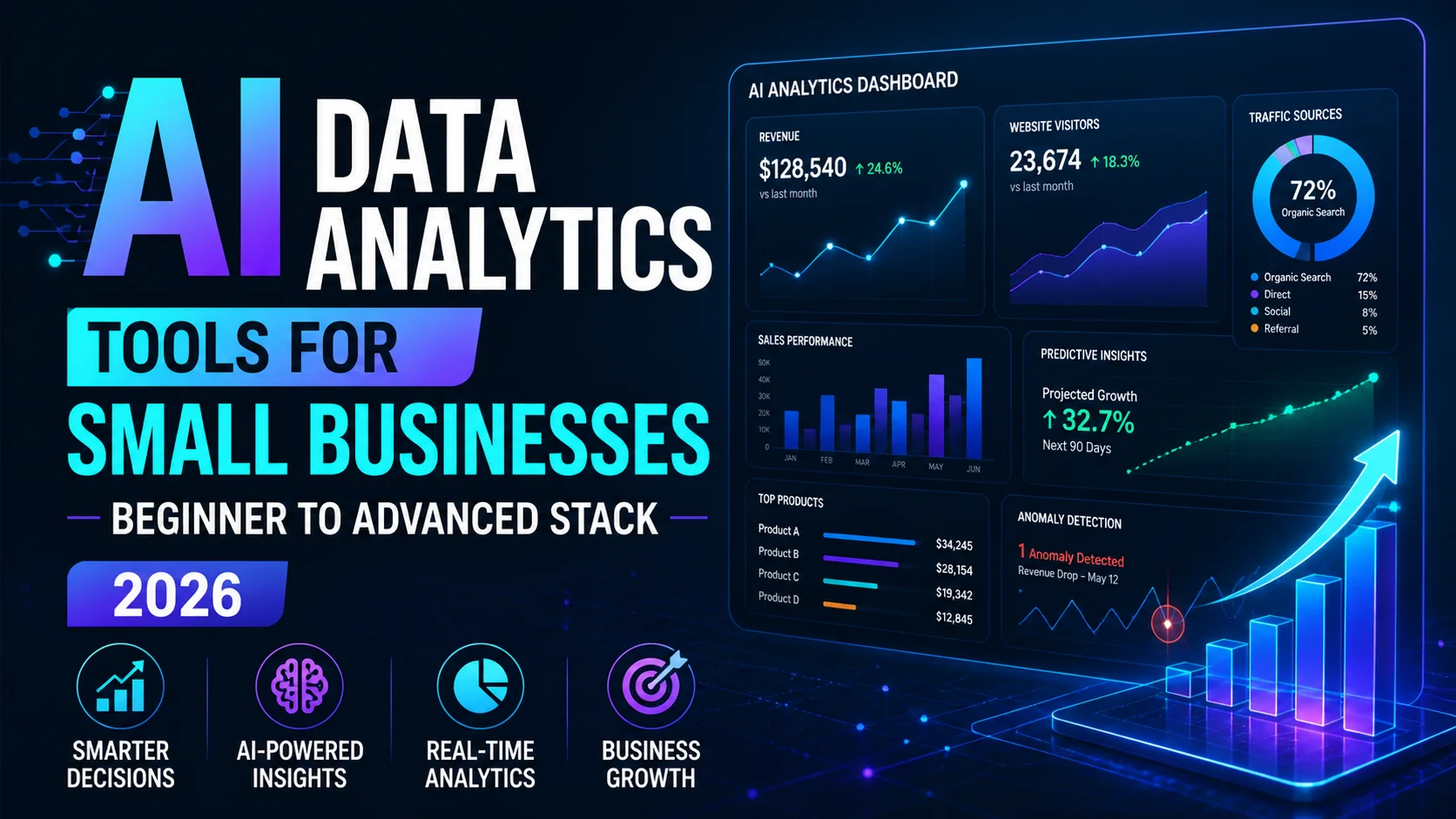 Modern AI analytics dashboard with charts, metrics, and growth visualization.