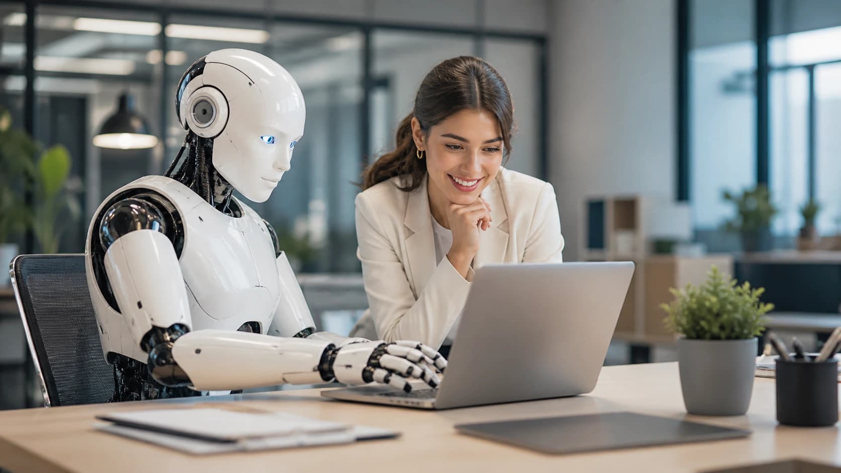 AI-powered CRM software for small businesses showing human and robot collaboration using a laptop for sales automation and customer management.