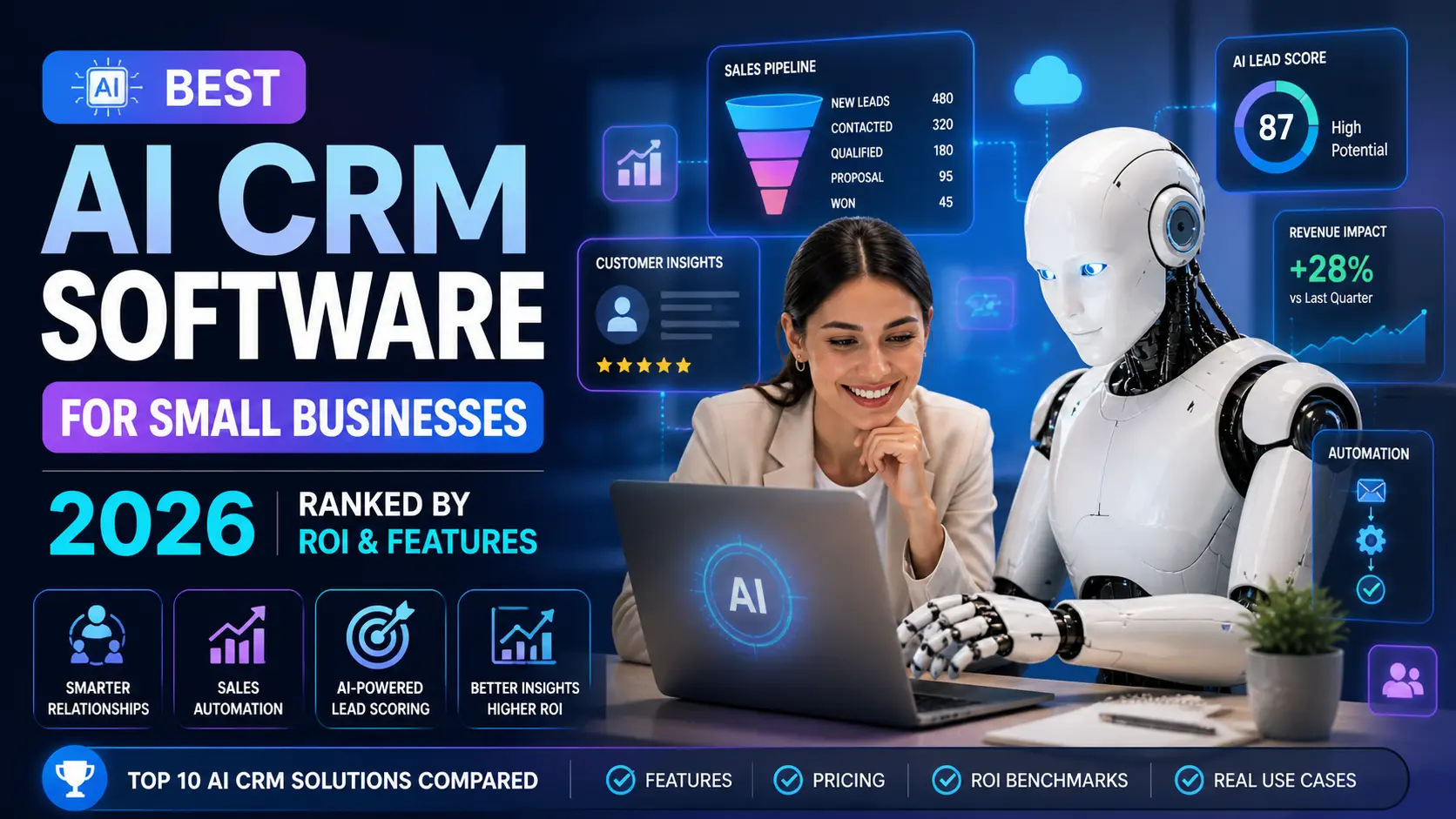 Best AI CRM software for small businesses in 2026 featuring sales pipeline, lead scoring, automation, and ROI-driven insights dashboard.