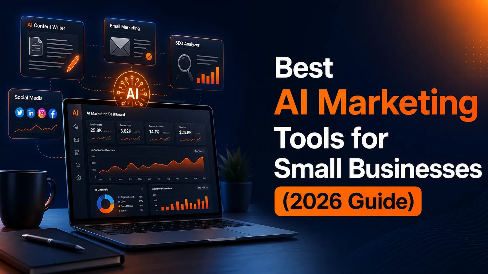 A futuristic AI marketing dashboard showing content writing, email marketing, and SEO analysis modules for small business owners.