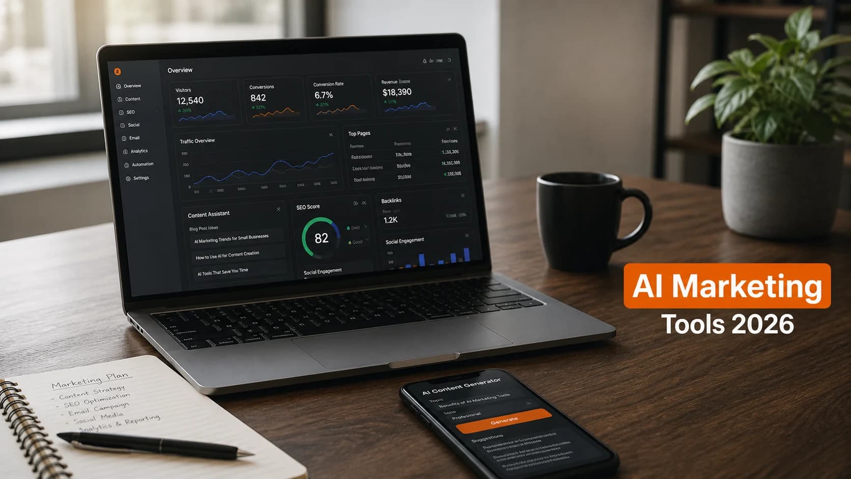 A laptop displaying an AI marketing dashboard with analytics and content assistant features on a workspace desk.