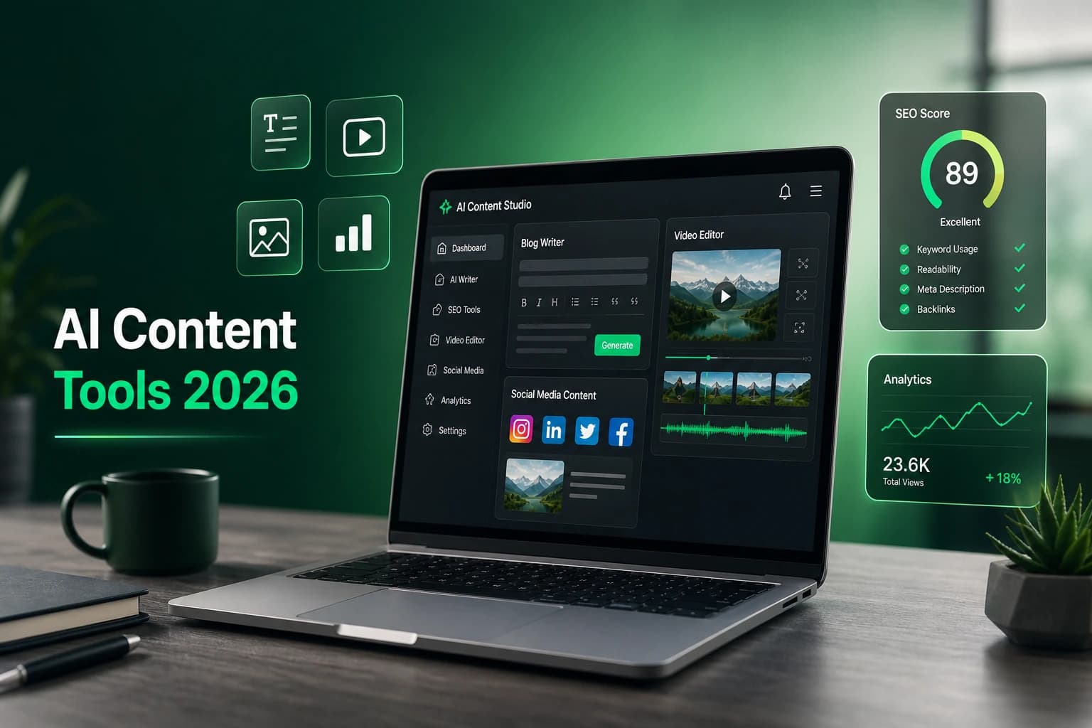 A laptop showing a modern AI content studio dashboard with video editing, blog writing, and SEO analytics features on a dark desk.