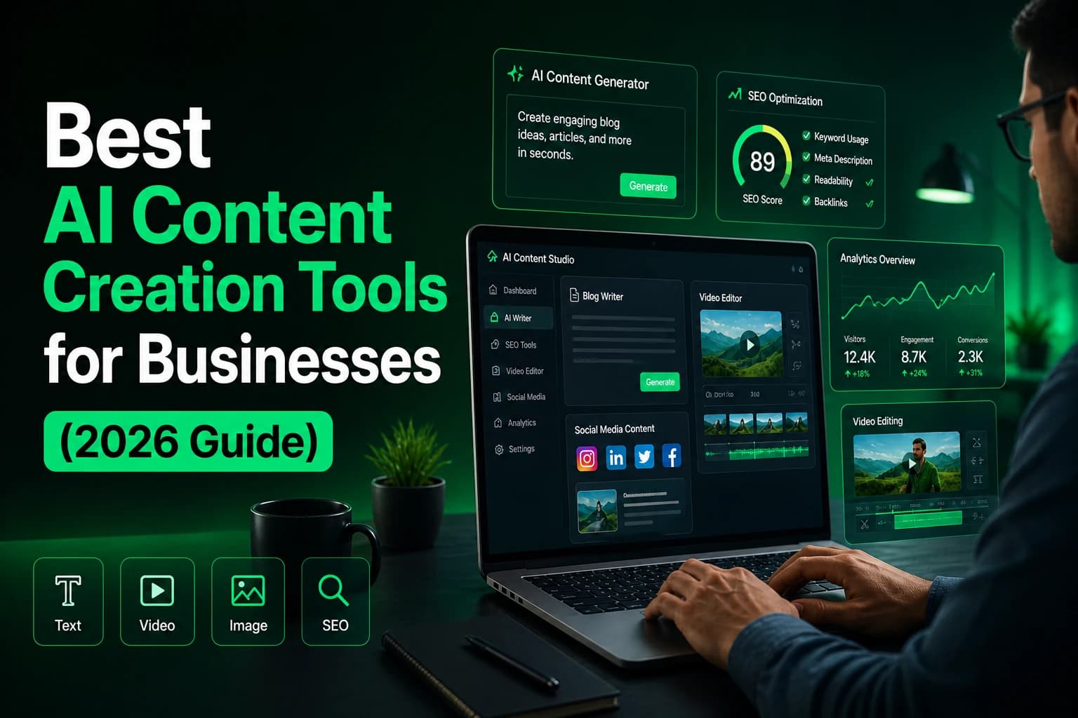 A content creator working on a laptop using AI tools for text, video, image generation, and SEO optimization with a green neon aesthetic.