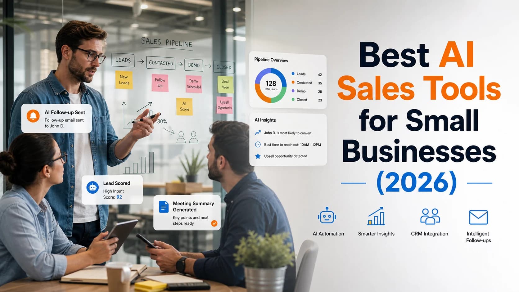 A professional team in an office discussing a sales pipeline with AI-powered overlays showing lead scoring, meeting summaries, and automated follow-ups.