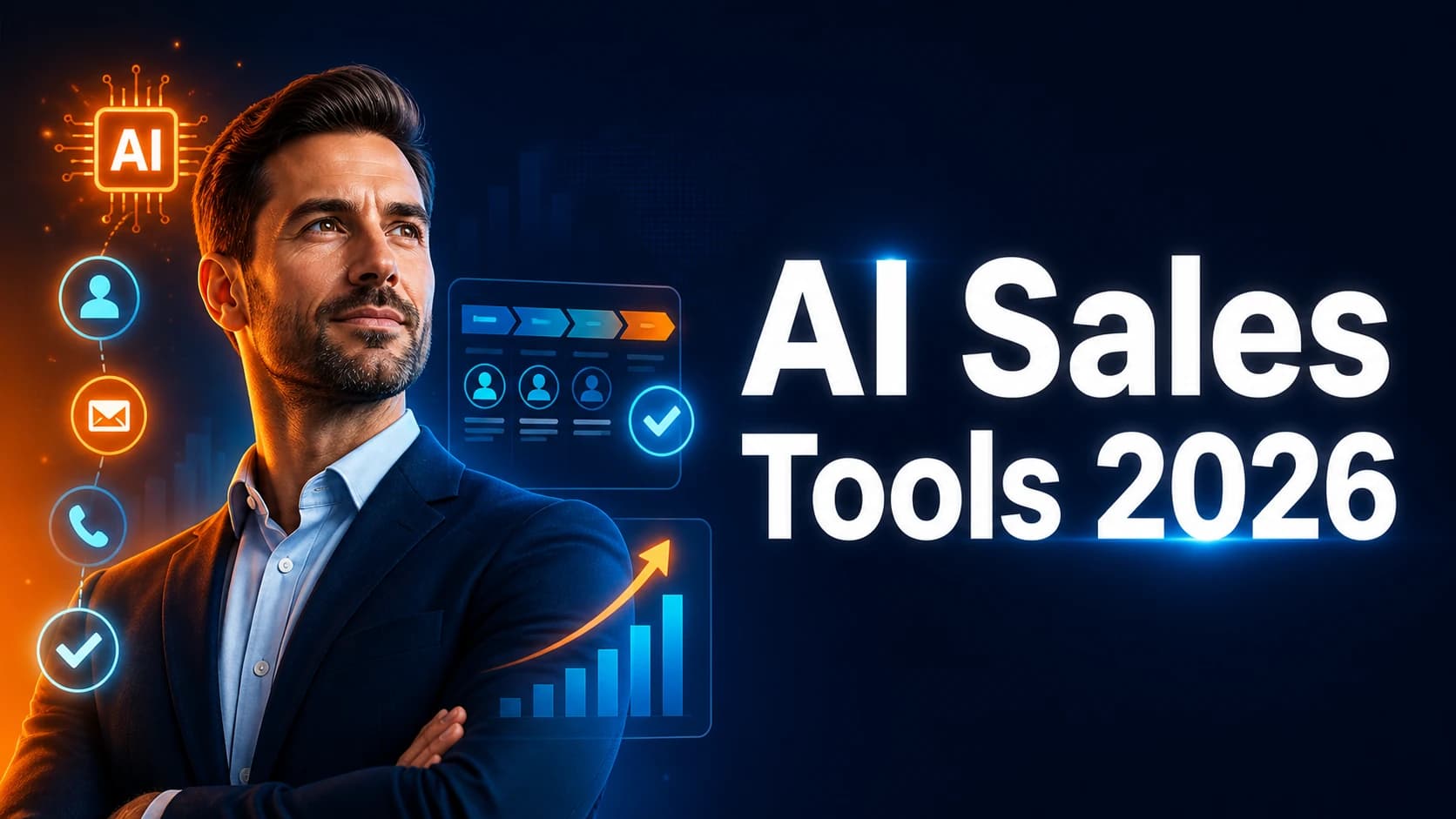 A confident businessman standing next to digital AI icons representing email automation, lead generation, and sales growth charts.