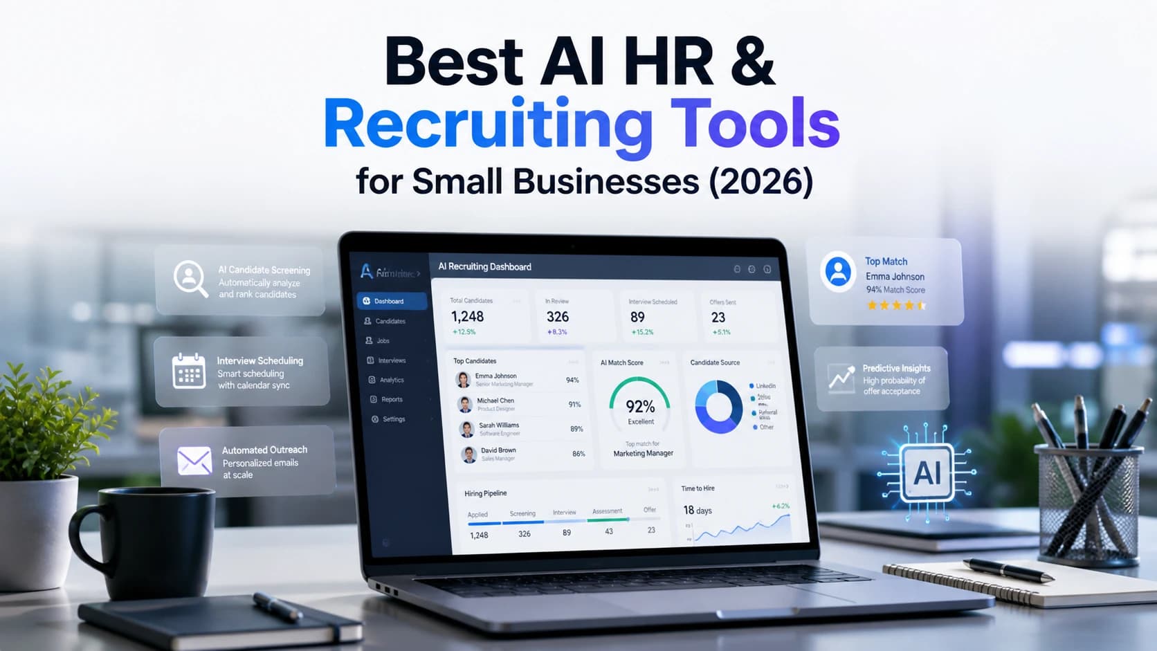 A high-tech AI recruiting dashboard on a laptop screen showing candidate screening, interview scheduling, and predictive hiring insights for small businesses.