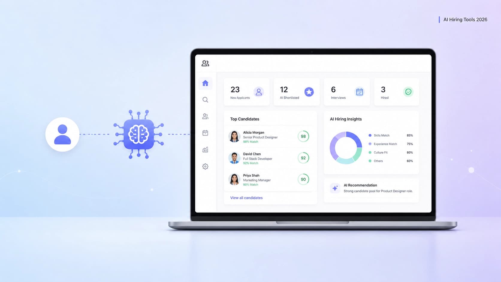 A clean minimalist view of an AI hiring interface on a laptop featuring applicant match scores and candidate recommendations.