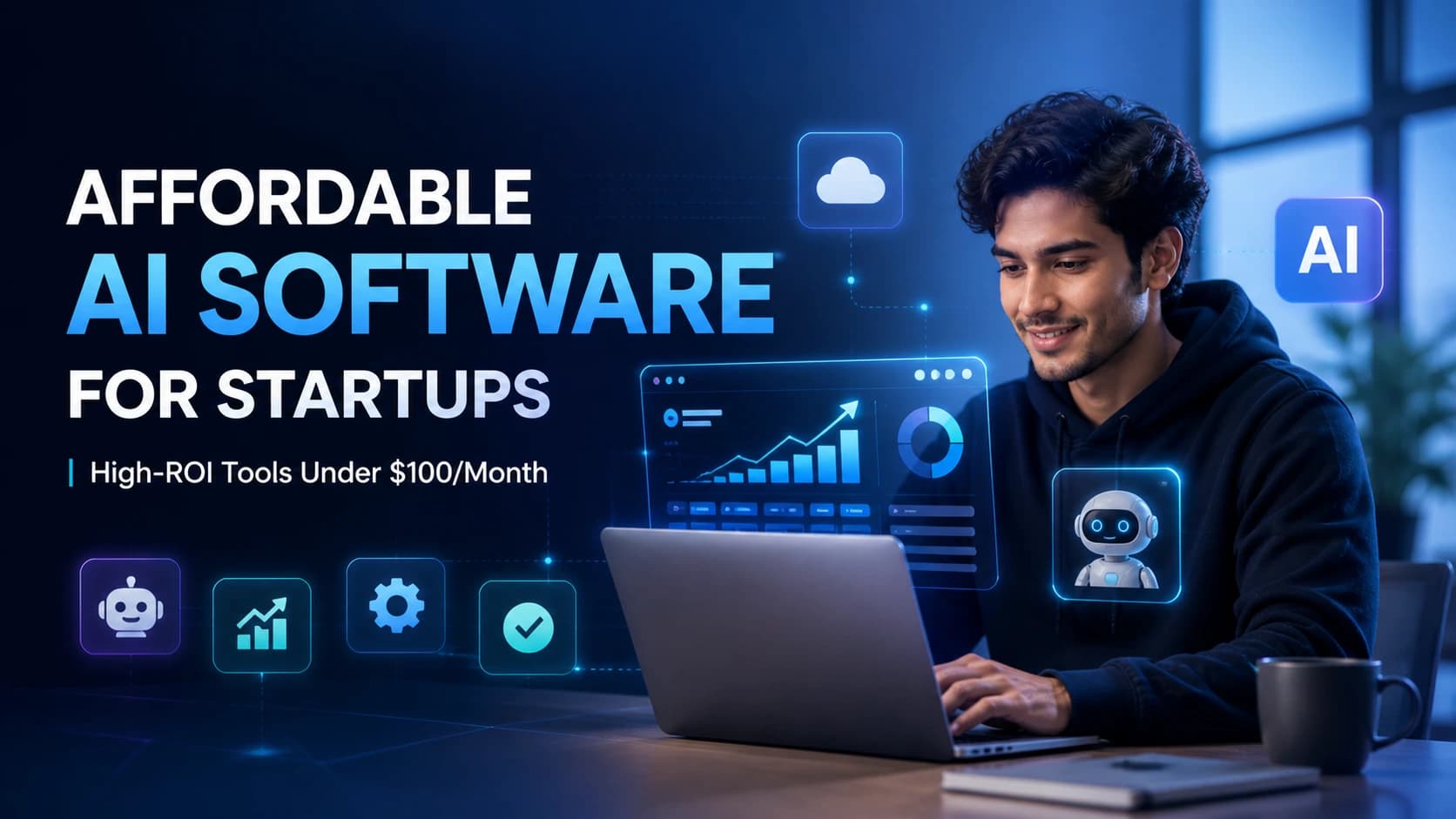 Affordable AI software for startups showing analytics dashboard, automation tools, and ROI-focused growth insights under $100 per month.