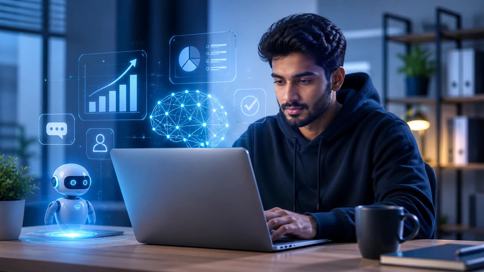 Startup founder using AI software and automation tools on a laptop with data analytics and growth metrics in a modern workspace.
