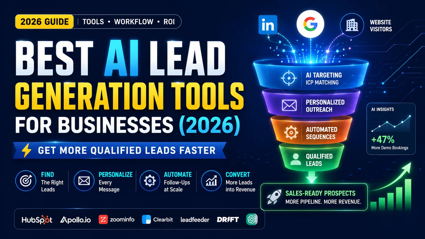 Modern AI lead generation banner showing automated sales funnel, targeting, outreach, and conversion workflow for B2B businesses in 2026.