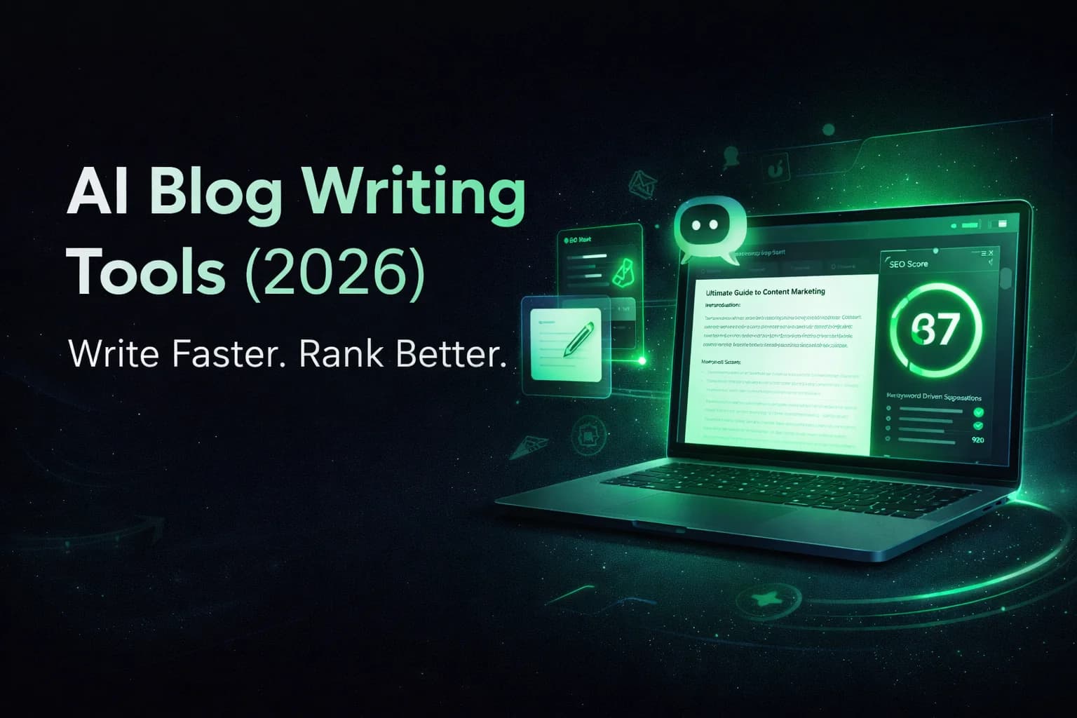 A person using a laptop with an integrated AI blog writing assistant, showing content generation, keyword suggestions, and an SEO score of 37 for an Ultimate Guide to Content Marketing.