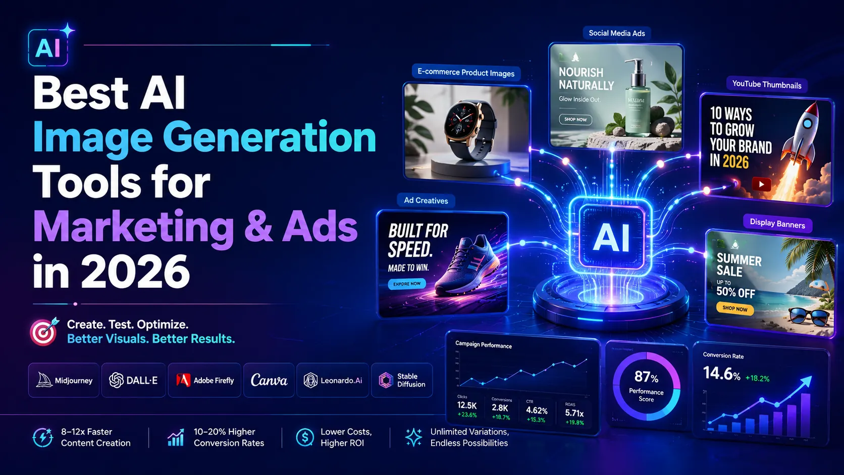 Best AI image generation tools for marketing and advertising in 2026 creating ad creatives, social media visuals, product images, and campaign assets with AI automation.