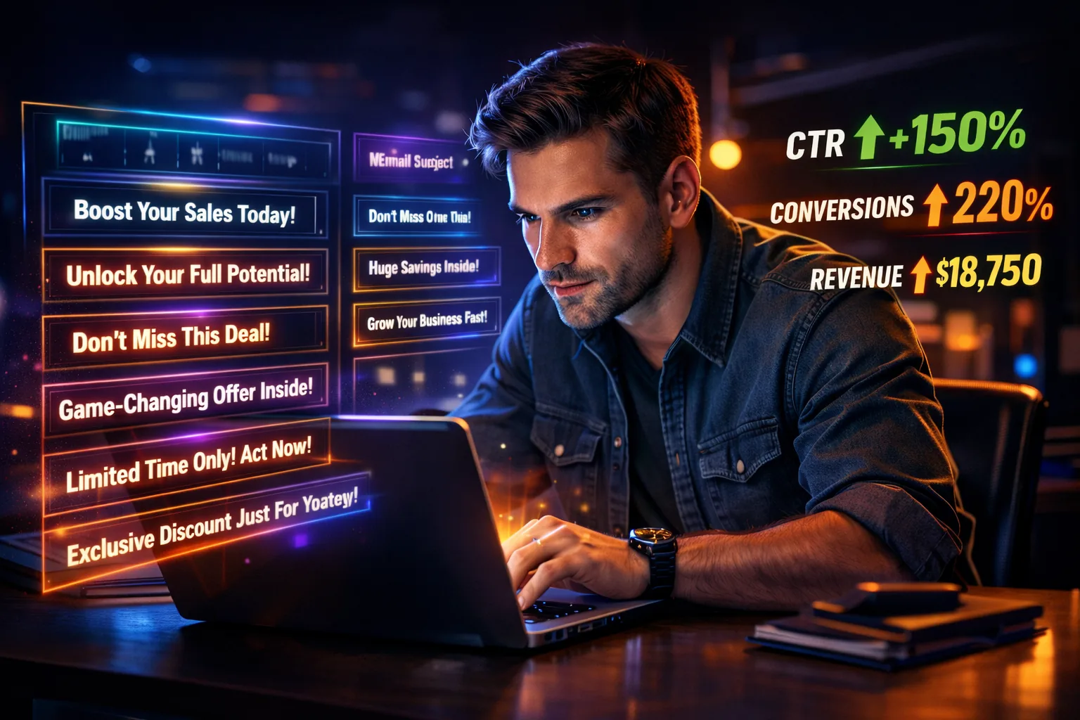 A digital marketer working on a laptop with high-conversion AI ad copy variations, showing growth metrics like +150% CTR and +220% conversions on a futuristic interface.