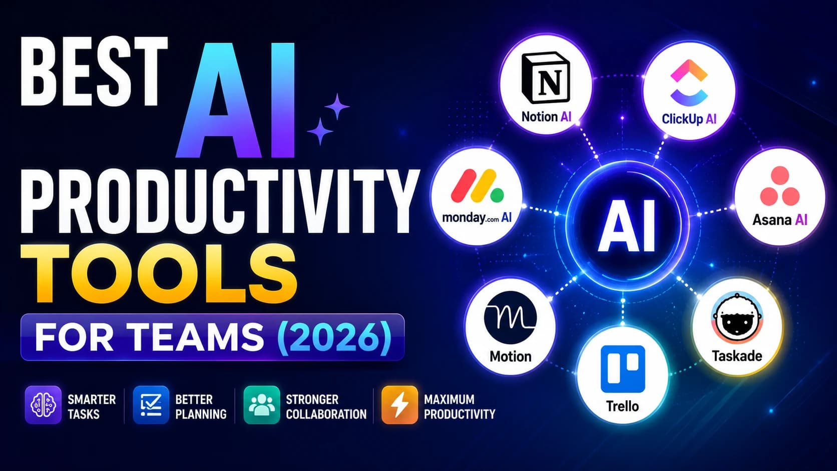 Minimal AI productivity and task management thumbnail design with clean typography for teams and workflow automation in 2026.