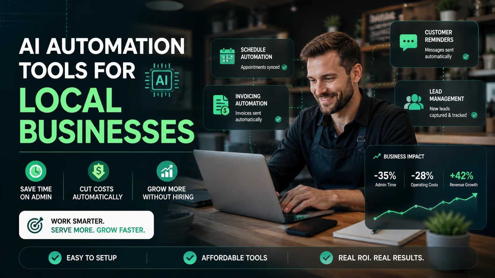 AI automation tools for local businesses showing scheduling, invoicing, and customer management with cost savings and business growth insights.