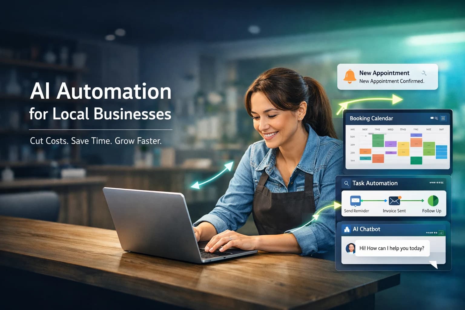 A local service professional using AI tools on a laptop to automate scheduling, invoicing, and customer reminders.