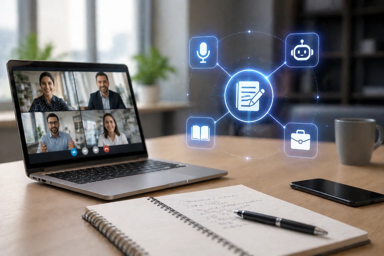 A virtual meeting on a laptop with AI icons showing automated recording, transcription, and task generation.