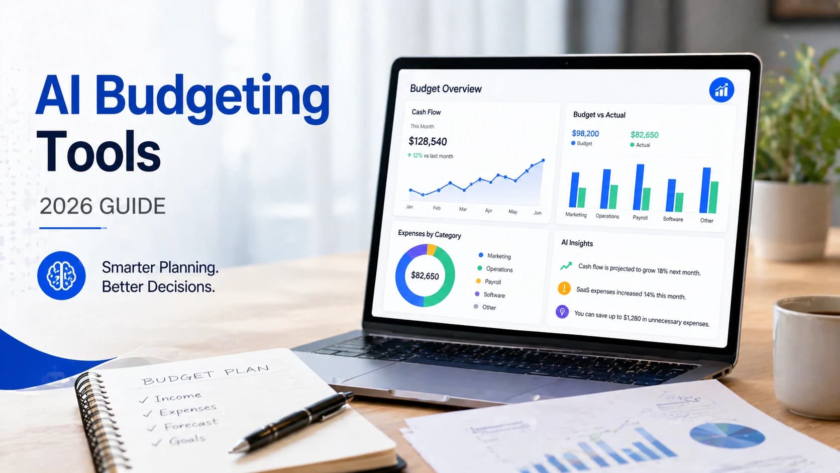 Comprehensive dashboard of AI budgeting tools for business owners in 2026 showing expense tracking and financial forecasting.