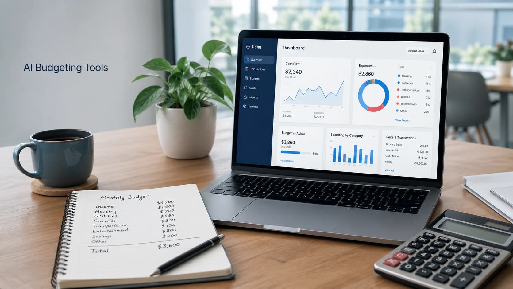 A professional workspace with a laptop displaying an AI financial planning tool and a notebook with a monthly budget plan.