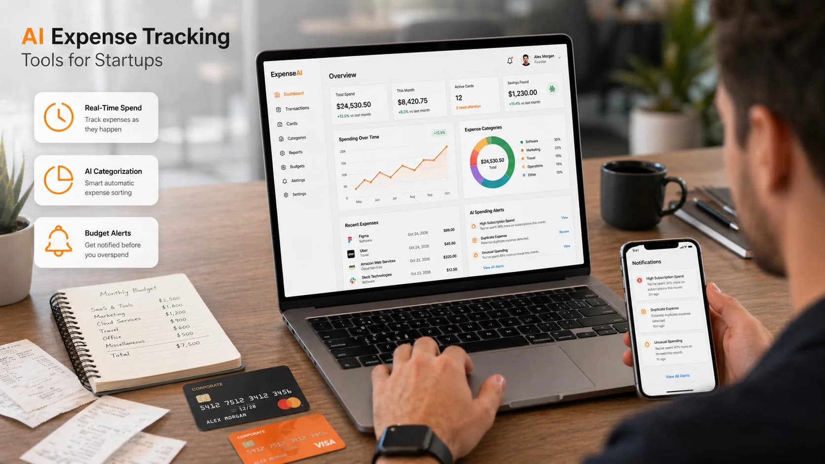 A startup founder monitoring real-time AI expense tracking on a laptop with mobile notifications for budget alerts and spending insights.