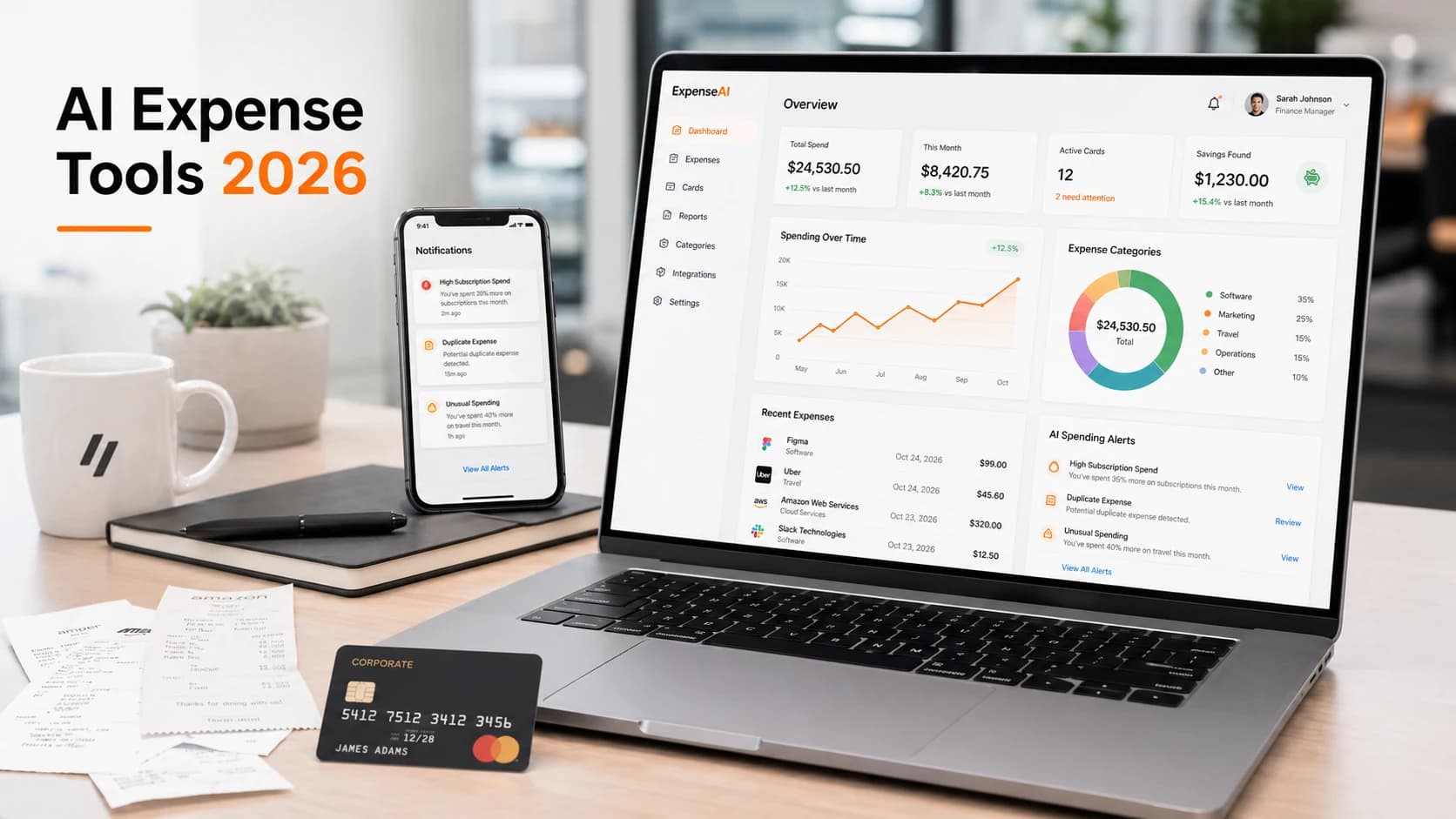 A high-fidelity AI expense tracking dashboard showing spending categories, monthly trends, and automated savings alerts for 2026.