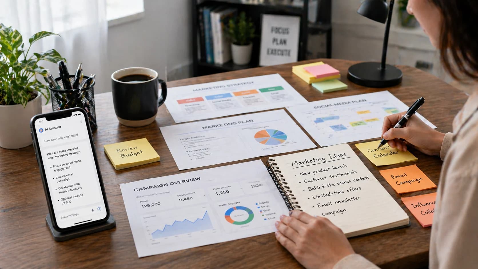 A startup founder's desk with a laptop showing AI expense tracking reports and a mobile phone for instant receipt scanning.