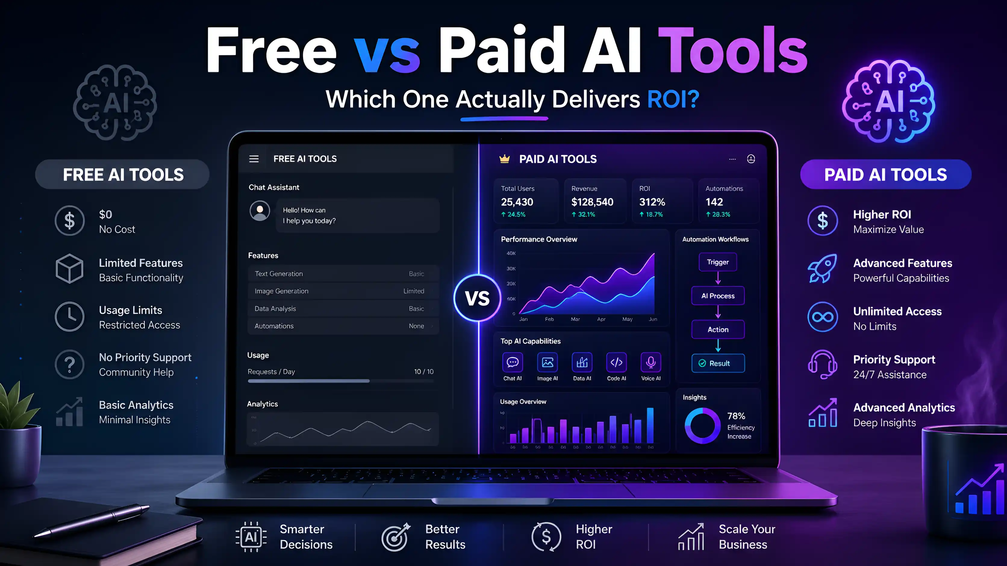 A detailed comparison dashboard between Free and Paid AI tools showing features like ROI, automation workflows, and advanced analytics for business scaling.