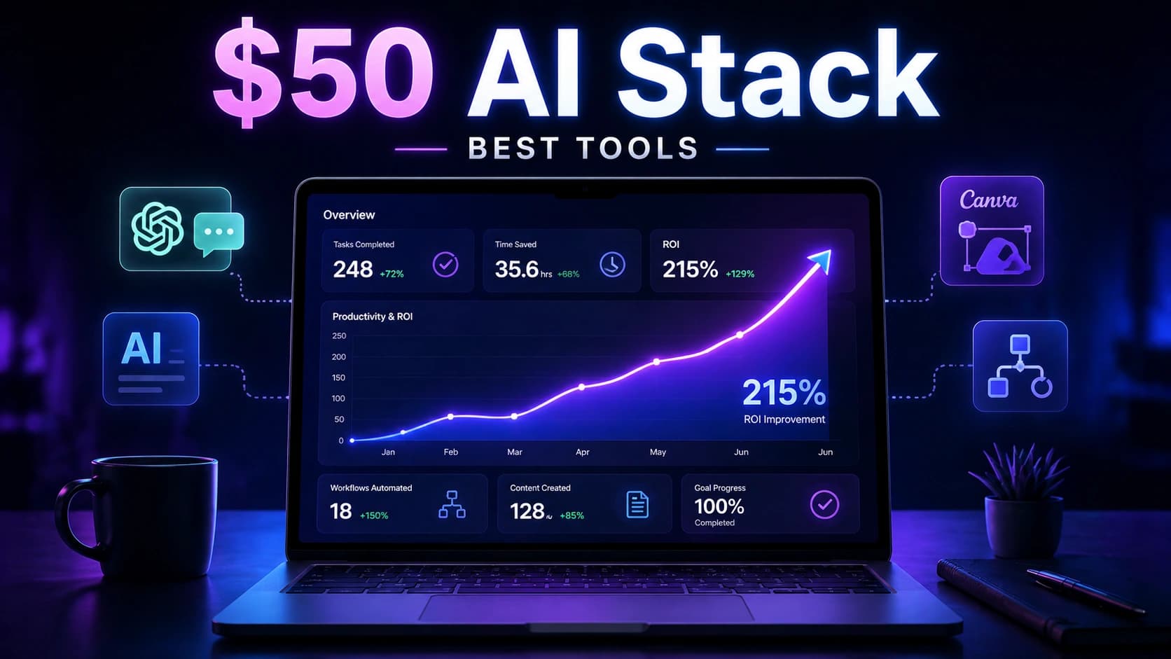 A collection of affordable AI SaaS tool icons and digital interfaces for business automation under a 50-dollar monthly budget.
