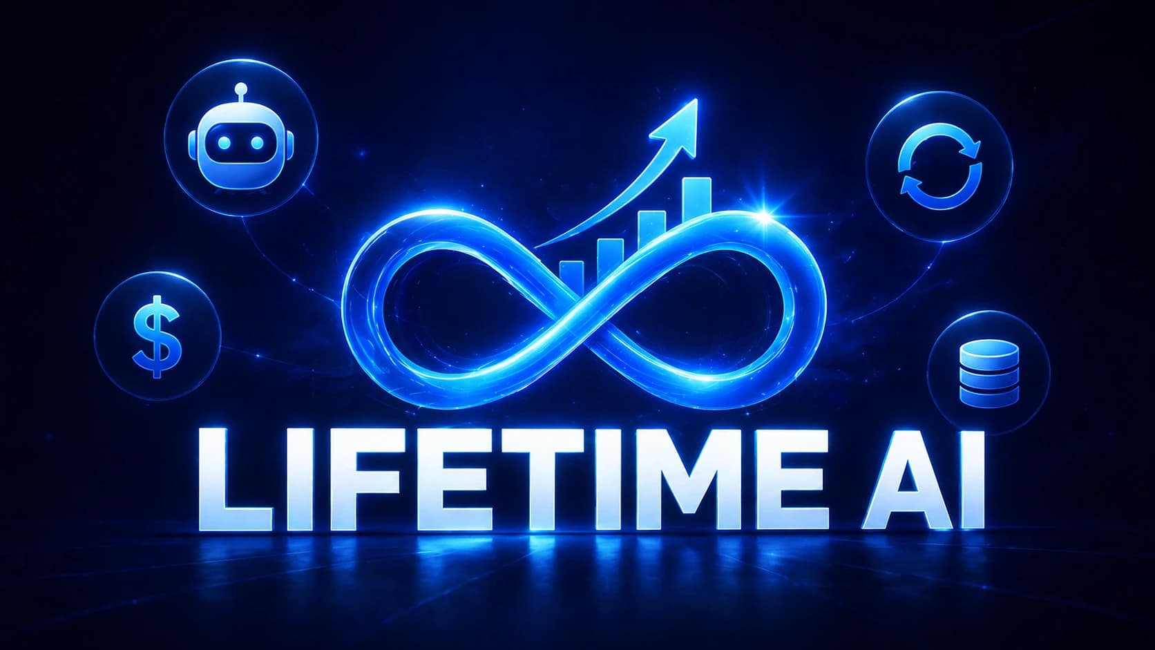 Futuristic neon infinity symbol with growth charts and AI icons representing lifetime AI software deals and business scaling.