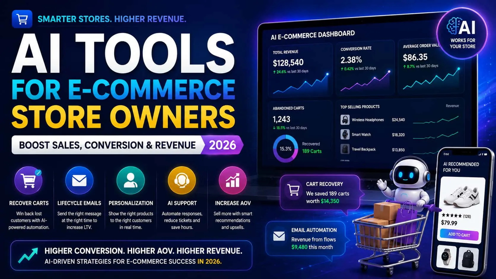 AI tools for e-commerce store owners showing sales growth analytics, revenue optimization, customer automation, and intelligent commerce technology for online stores in 2026.