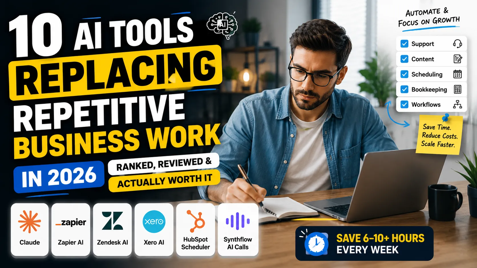 Detailed blog thumbnail for AI tools replacing business work in 2026, featuring a list of automated tasks like Support and Scheduling, with logos for Claude, Zapier, Zendesk, Xero, HubSpot, and Synthflow.