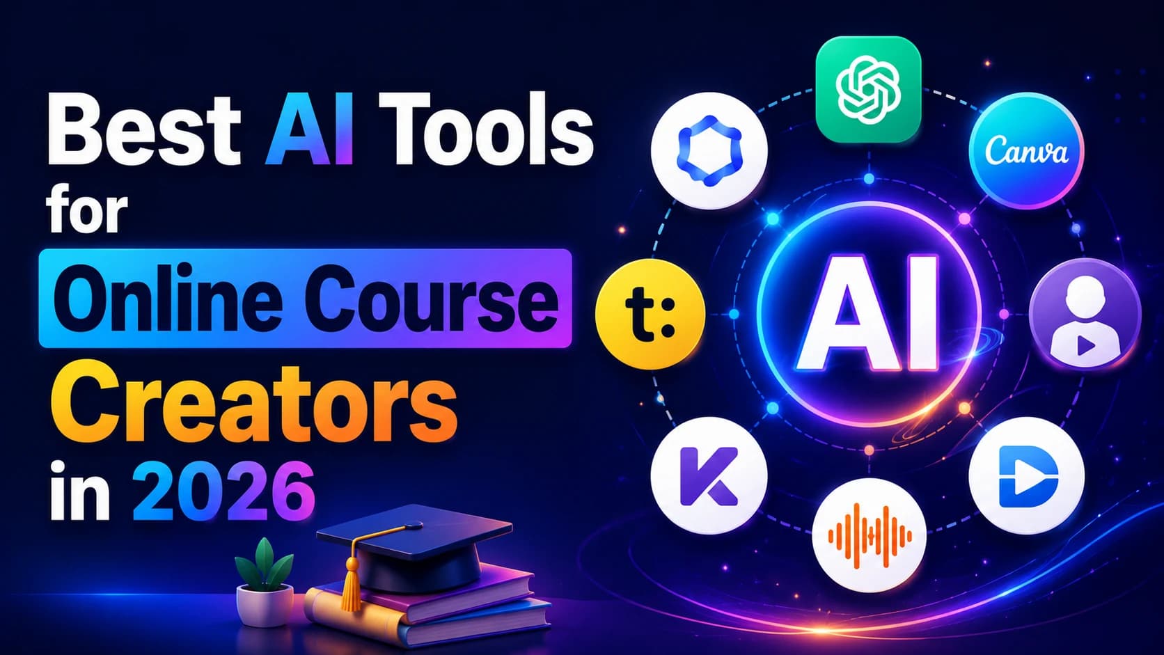 AI tools for online course creators 2026 thumbnail with modern digital education visuals, AI workflow icons, and online teaching elements