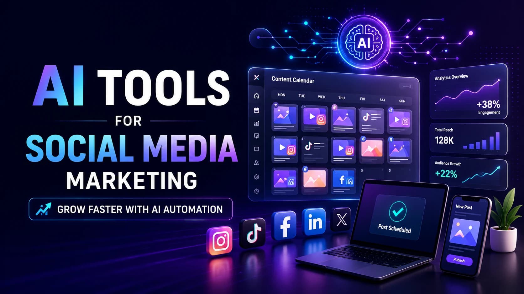 Modern AI social media marketing banner showing content calendar, automation dashboard, analytics growth, and multi-platform scheduling tools for businesses in 2026.