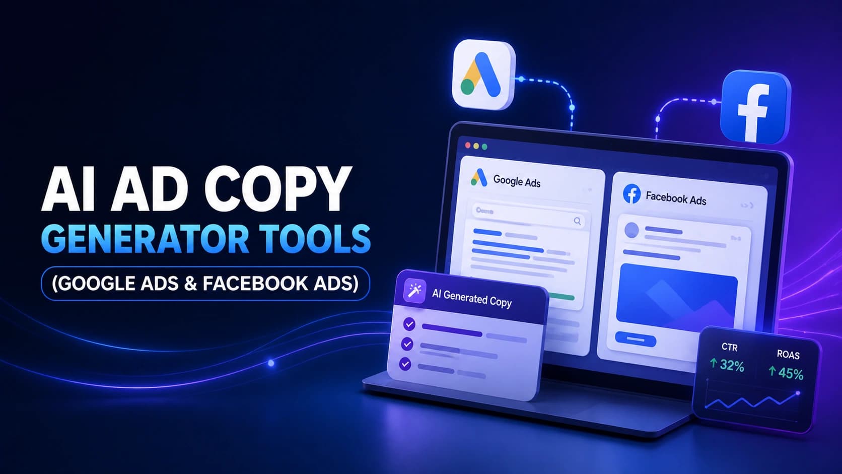 AI ad copy generator tools for Google and Facebook Ads featuring campaign dashboards, automated copywriting, and performance optimization insights.